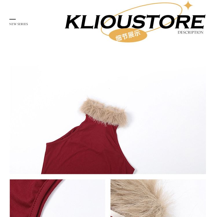 Cutout Panel Fluffy Sleeveless Mock Neck Top