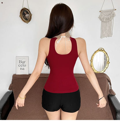 Cutout Panel Fluffy Sleeveless Mock Neck Top