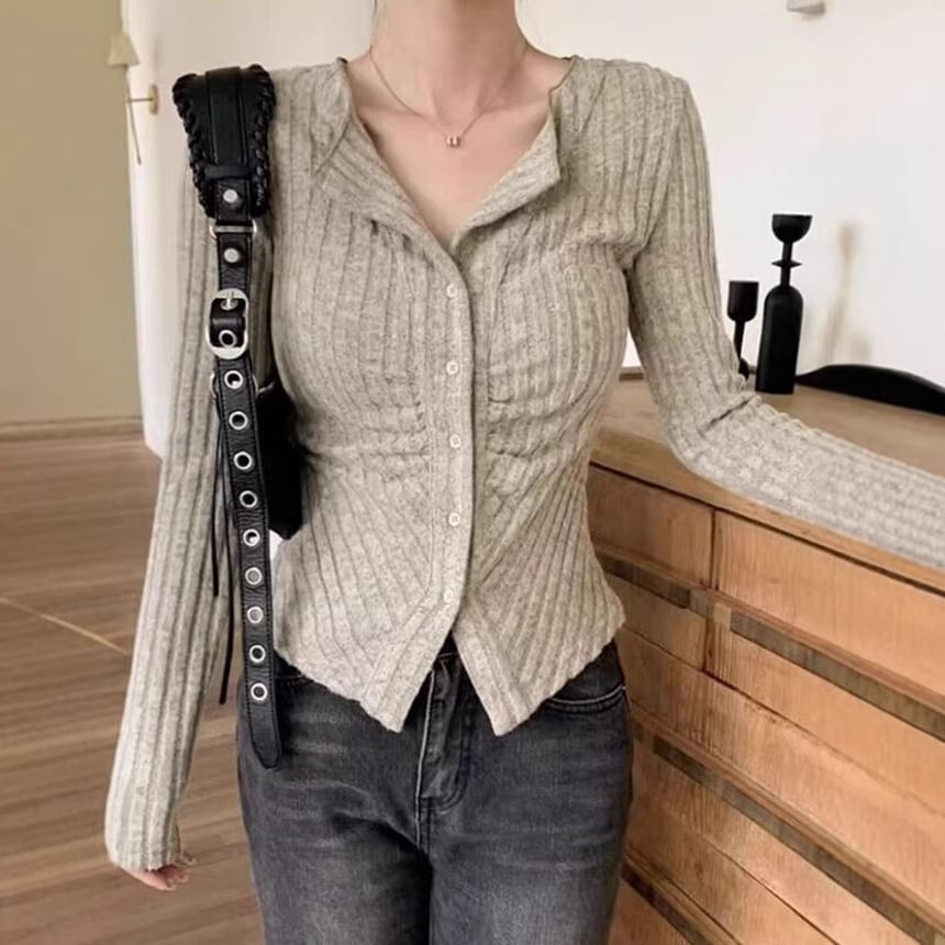 Plain Long-Sleeve Button-Up Top