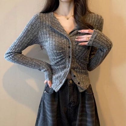 Plain Long-Sleeve Button-Up Top
