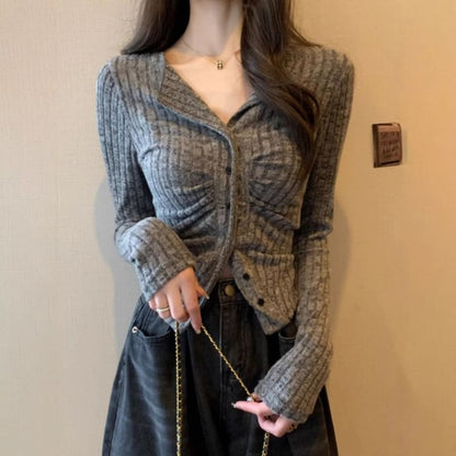 Plain Long-Sleeve Button-Up Top