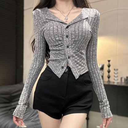 Plain Long-Sleeve Button-Up Top