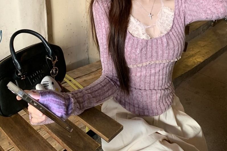 Scoop Neck Long-Sleeve Mock Two-Piece Knit Top