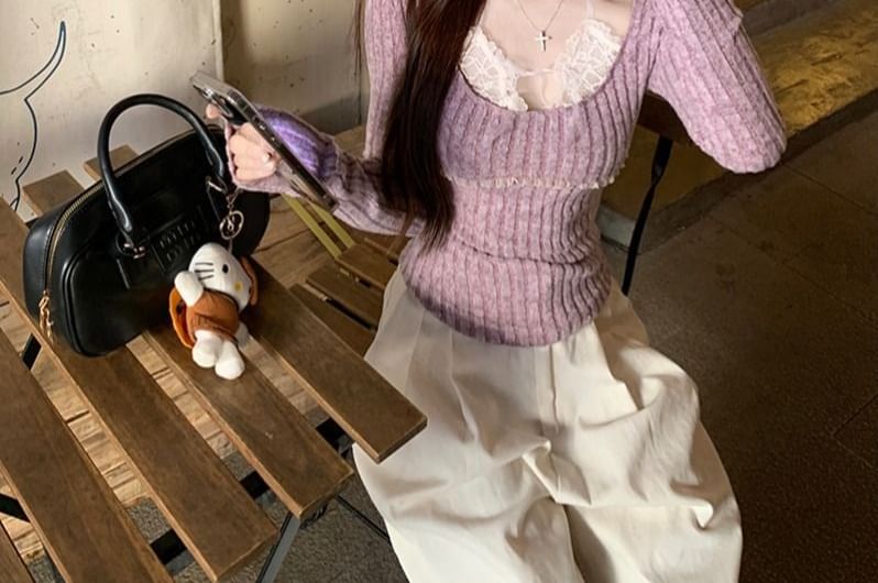 Scoop Neck Long-Sleeve Mock Two-Piece Knit Top