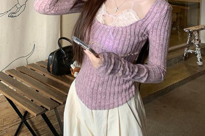 Scoop Neck Long-Sleeve Mock Two-Piece Knit Top