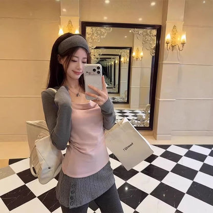 Two-Tone Long-Sleeve Mock Two-Piece Top