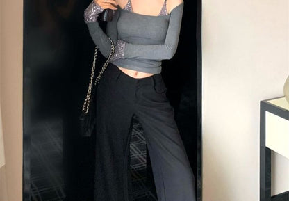 Glitter Trim Long-Sleeve Mock Two-Piece Crop Top