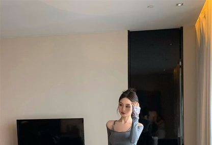 Glitter Trim Long-Sleeve Mock Two-Piece Crop Top