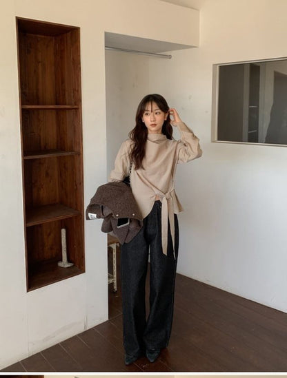 Mock Neck Asymmetrical Tie-Up Long Sleeve Blouse
