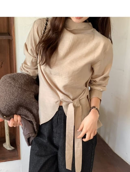 Mock Neck Asymmetrical Tie-Up Long Sleeve Blouse