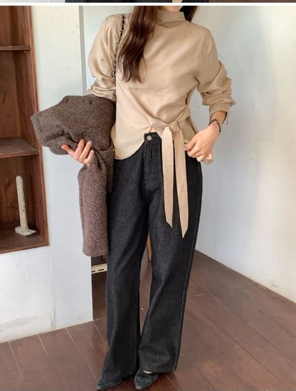 Mock Neck Asymmetrical Tie-Up Long Sleeve Blouse
