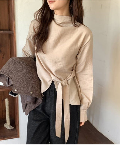 Mock Neck Asymmetrical Tie-Up Long Sleeve Blouse