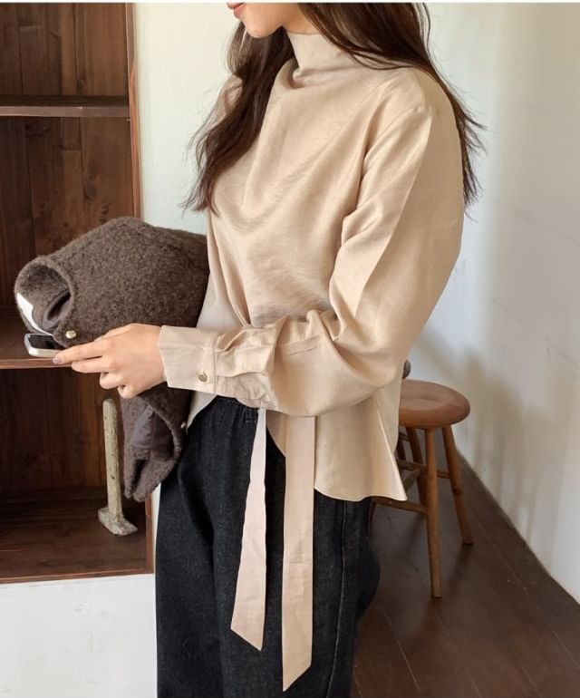 Mock Neck Asymmetrical Tie-Up Long Sleeve Blouse