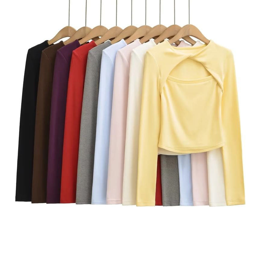 Crew Neck Twisted Cutout Tee with Long Sleeves
