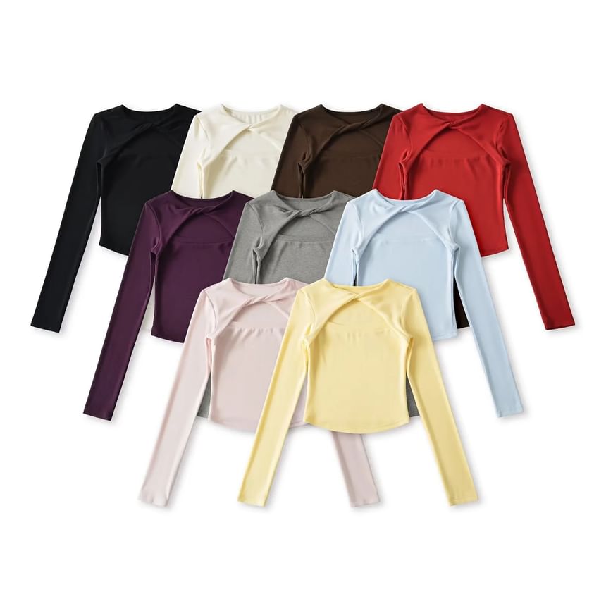 Crew Neck Twisted Cutout Tee with Long Sleeves