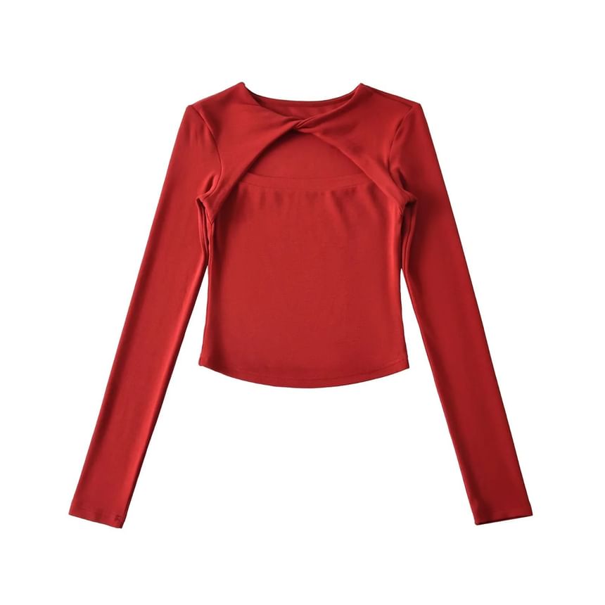 Crew Neck Twisted Cutout Tee with Long Sleeves