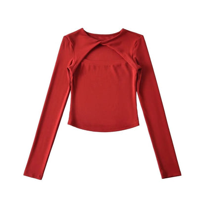Crew Neck Twisted Cutout Tee with Long Sleeves