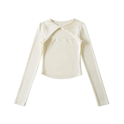 Crew Neck Twisted Cutout Tee with Long Sleeves