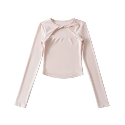 Crew Neck Twisted Cutout Tee with Long Sleeves