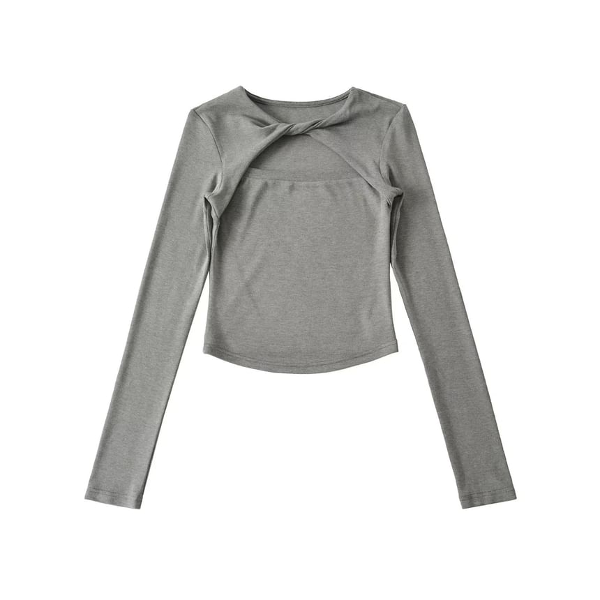 Crew Neck Twisted Cutout Tee with Long Sleeves