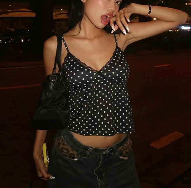 Lace-Trimmed Polka Dot V-Neck Cami