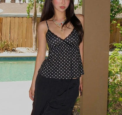 Lace-Trimmed Polka Dot V-Neck Cami