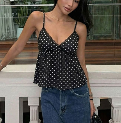 Lace-Trimmed Polka Dot V-Neck Cami