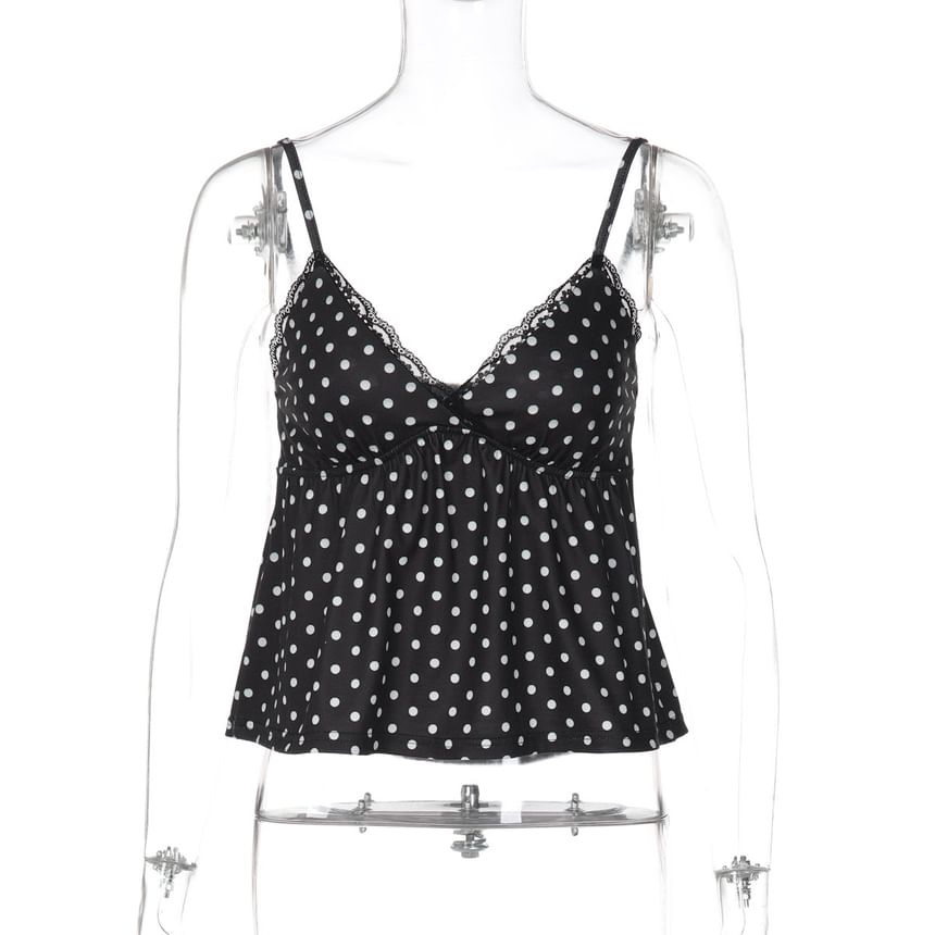 Lace-Trimmed Polka Dot V-Neck Cami