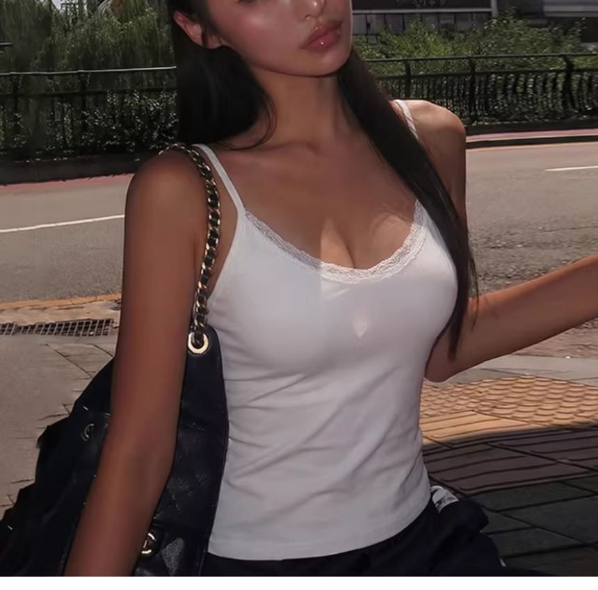 V-Neck Lace Accent Fitted Crop Cami