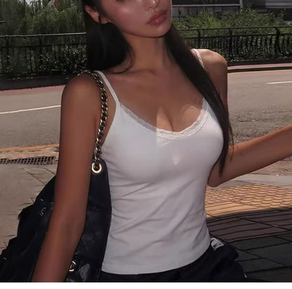 V-Neck Lace Accent Fitted Crop Cami