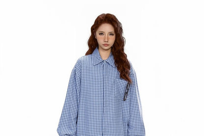 Plaid Button-Up Shirt Mock Two-Piece Long Sleeve