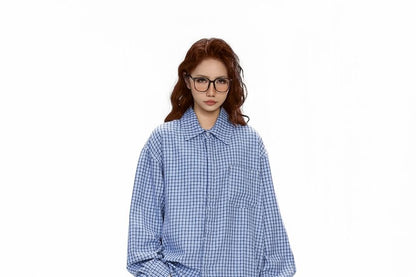 Plaid Button-Up Shirt Mock Two-Piece Long Sleeve