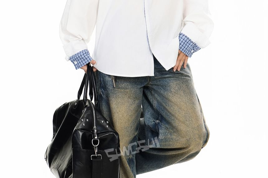 Plaid Button-Up Shirt Mock Two-Piece Long Sleeve