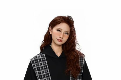 Plaid Panel Mock Two-Piece Hoodie