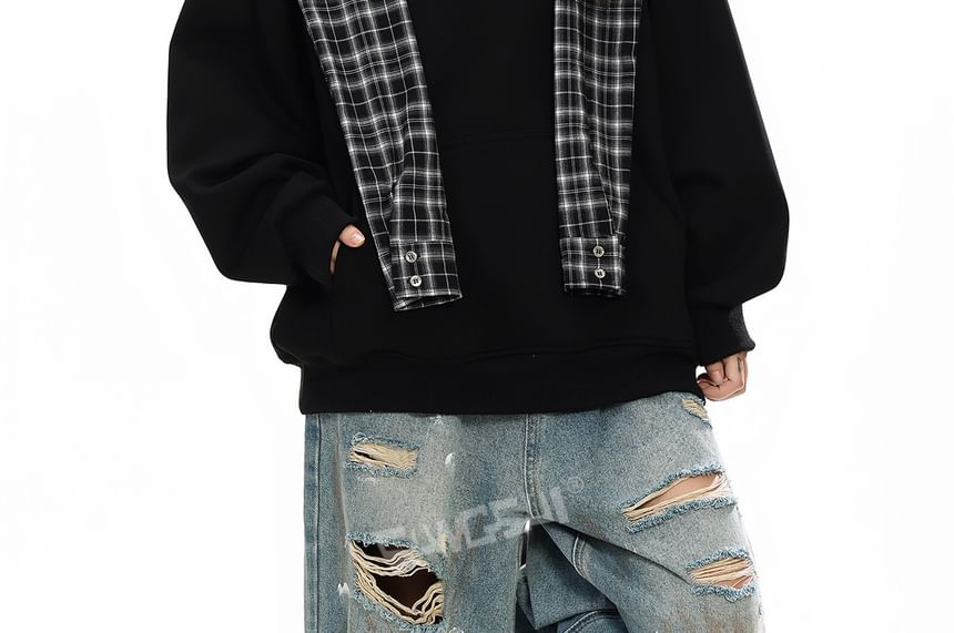 Plaid Panel Mock Two-Piece Hoodie