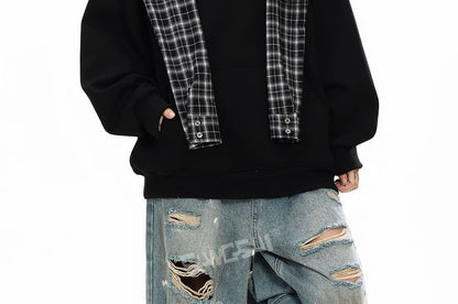 Plaid Panel Mock Two-Piece Hoodie