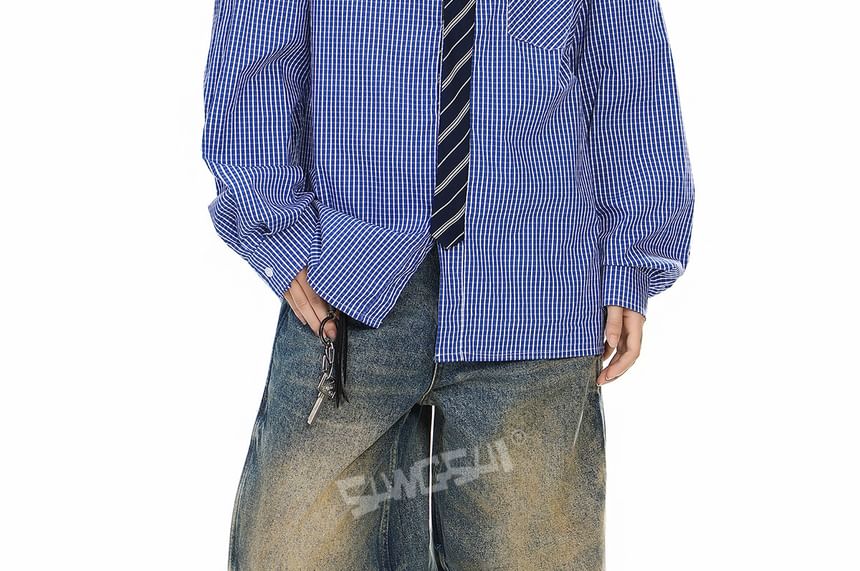 Plaid Panel Striped Long-Sleeve Button-Up Shirt