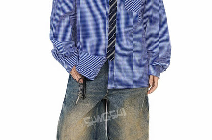 Plaid Panel Striped Long-Sleeve Button-Up Shirt