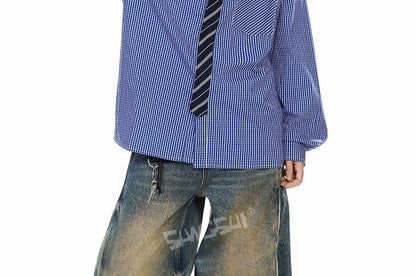 Plaid Panel Striped Long-Sleeve Button-Up Shirt