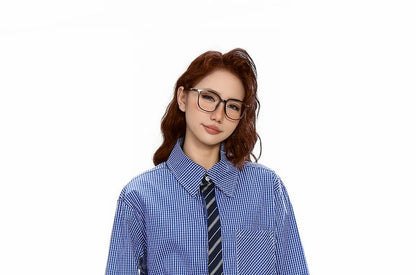 Plaid Panel Striped Long-Sleeve Button-Up Shirt