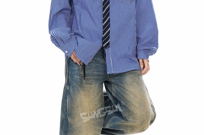 Plaid Panel Striped Long-Sleeve Button-Up Shirt