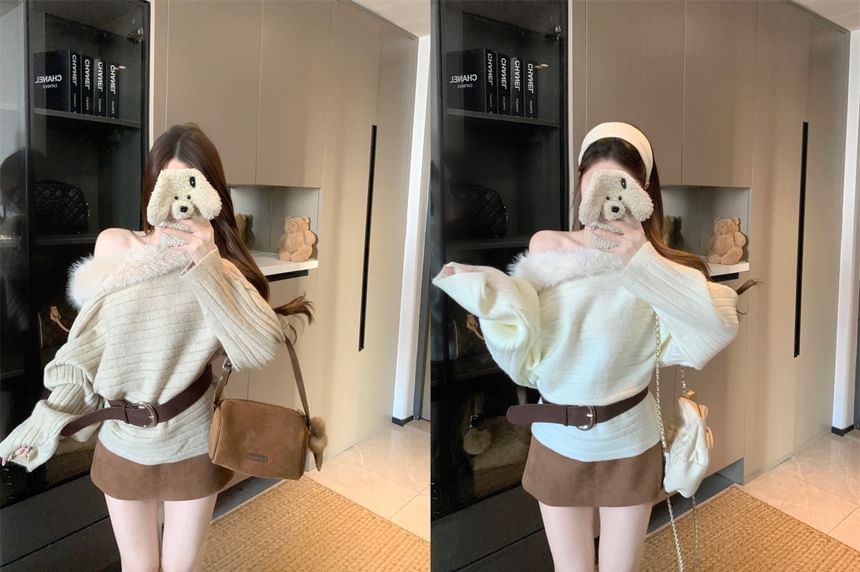 Off-Shoulder Fluffy Trim Sweater with Belt Set