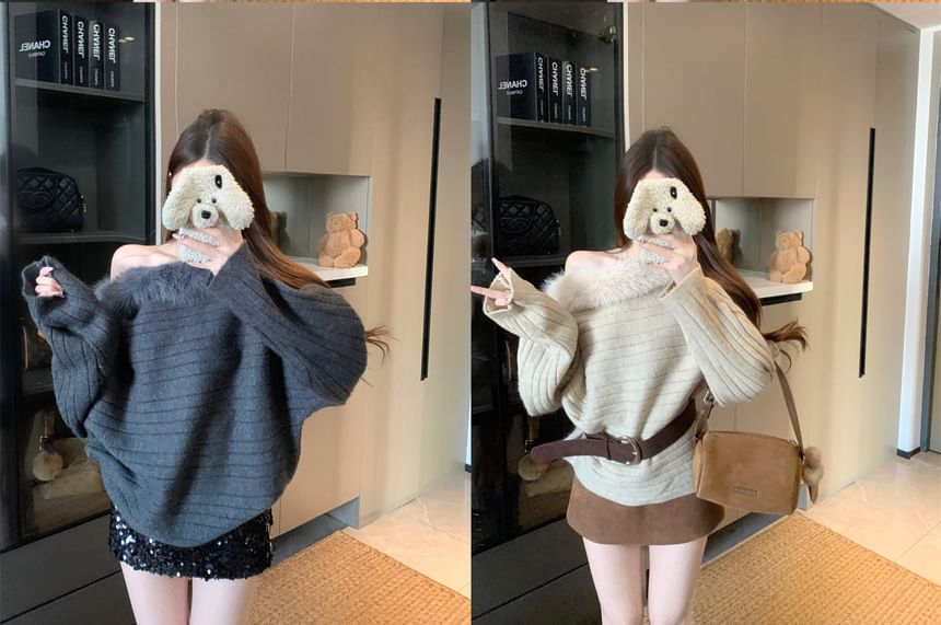 Off-Shoulder Fluffy Trim Sweater with Belt Set