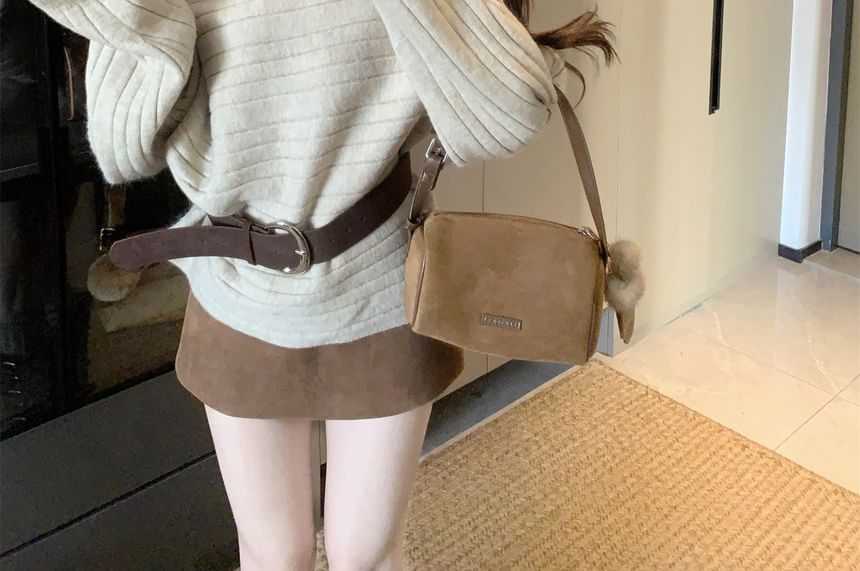 Off-Shoulder Fluffy Trim Sweater with Belt Set