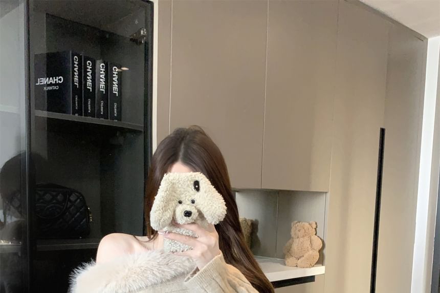 Off-Shoulder Fluffy Trim Sweater with Belt Set