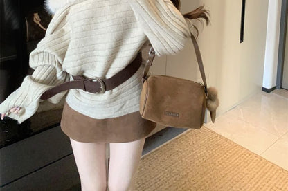 Off-Shoulder Fluffy Trim Sweater with Belt Set