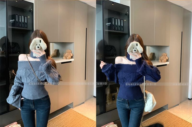 Off-Shoulder Cable Knit Sweater with Neckwarmer Set