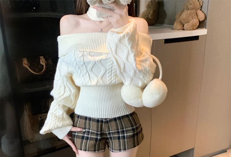Off-Shoulder Cable Knit Sweater with Neckwarmer Set
