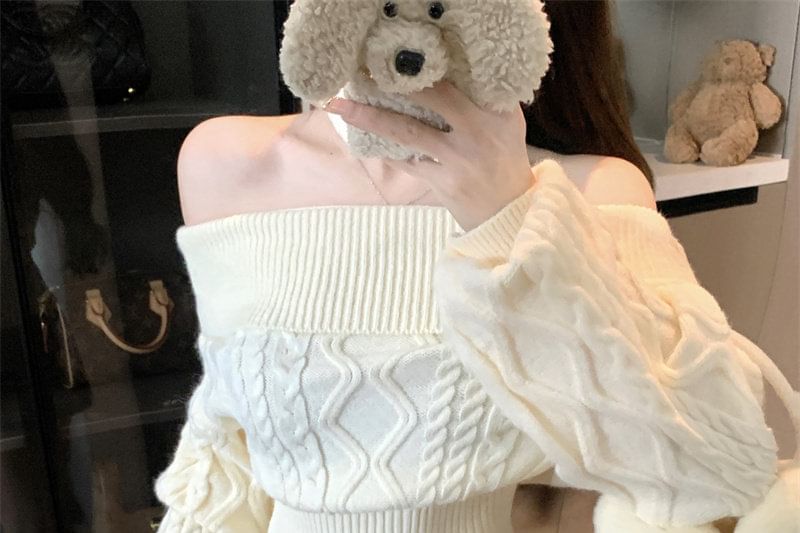 Off-Shoulder Cable Knit Sweater with Neckwarmer Set