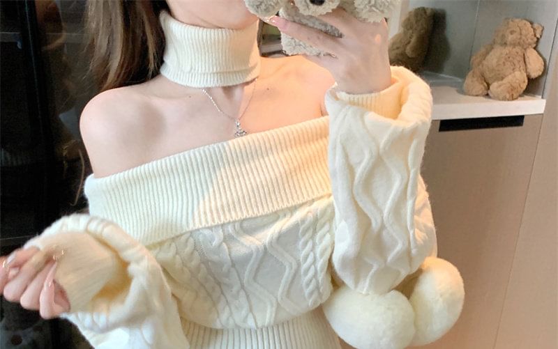 Off-Shoulder Cable Knit Sweater with Neckwarmer Set